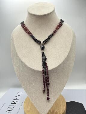 Black Spinel Garnet Necklace 18" Sterling Silver Multi Strand